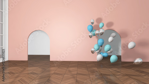 Colorful balloons flying in the room. 3D illustration, 3D rendering	