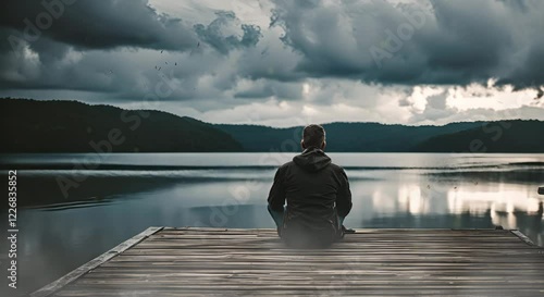 Peaceful reflection on pier by tropical lake, looping 4k time-lapse virtual video animation Generated AI. Cinematic.