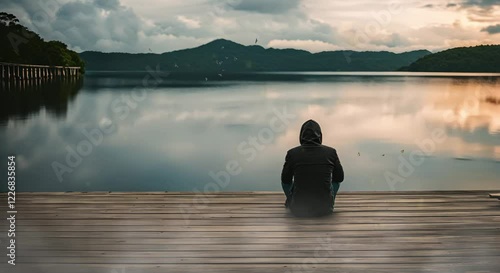 Thoughtful man gazing at cloudy tropical lake, looping 4k time-lapse virtual video animation Generated AI. Cinematic.