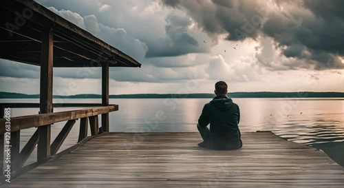 Cloudy tropical day, man reflecting on pier, looping 4k time-lapse virtual video animation Generated AI. Cinematic.