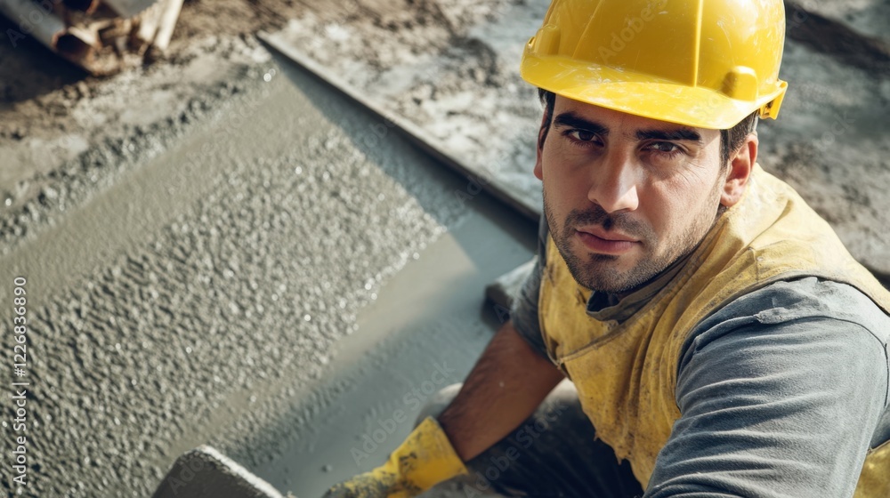 A concrete finisher in a yellow hard hat and work gloves, holding a trowel, looking directly at the camera A concrete finisher in a yellow hard hat and work gloves, holding a trowel, looking directly at the camera