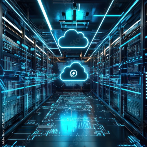 Tech-focused virtual hub powered by cloud systems, blending advanced learning models and cybersecurity into a futuristic experience.