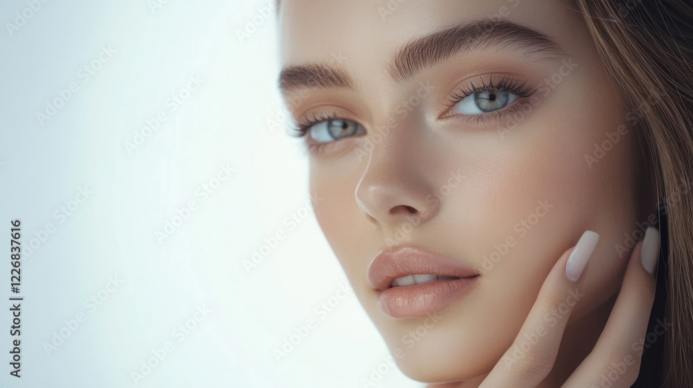 Naklejka premium Close-up Portrait of a Young Woman with Smooth Skin and Subtle Makeup, Emphasizing Her Natural Beauty.