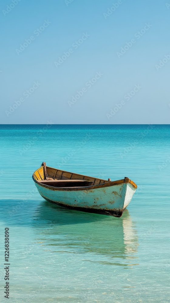 Fototapeta premium A lone fishing boat floating in the middle of a calm turquoise sea