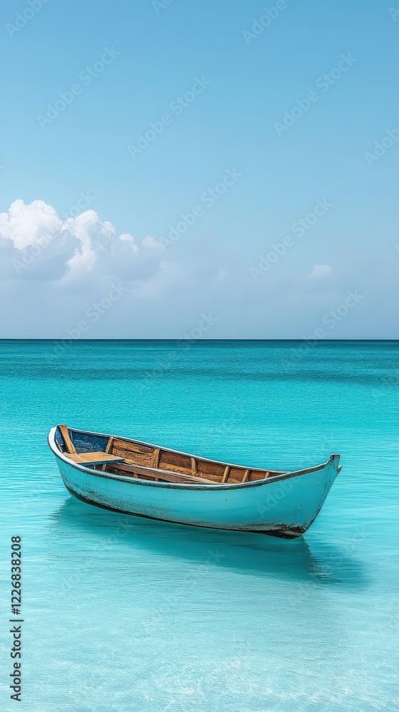 A lone fishing boat floating in the middle of a calm turquoise sea A lone fishing boat floating in the middle of a calm turquoise sea