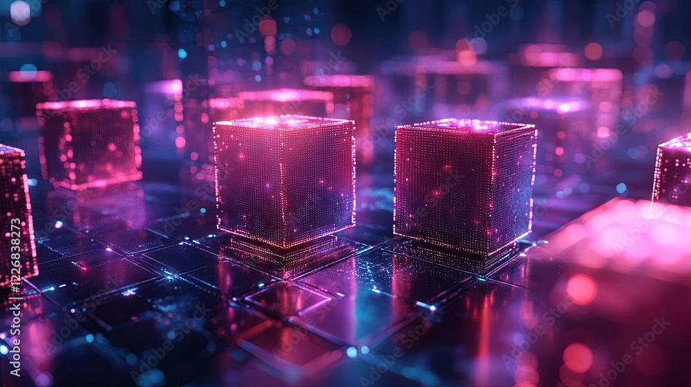 3D blockchain cubes with glowing connections, abstract and futuristic style 3D blockchain cubes with glowing connections, abstract and futuristic style