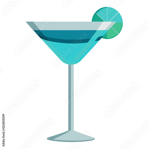 A stylish cocktail glass stands prominently, holding a vivid blue beverage. The drink is garnished with a fresh lime slice, creating a refreshing and inviting appearance