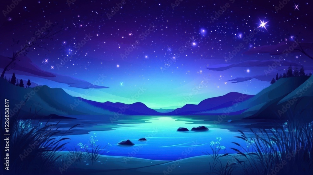 Fototapeta premium Tranquil Cosmic Blue Sky with Distant Galaxies and Soft Glowing Stars