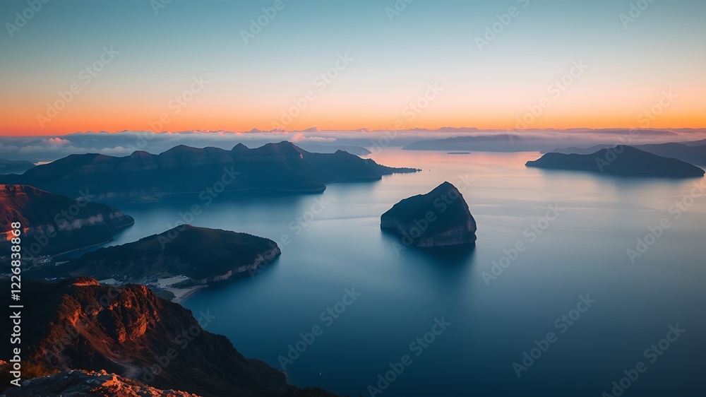Serene sunset over a picturesque lake with mountain ranges and islands, capturing the tranquil beauty of nature's landscape, ideal for travel and nature photography Serene sunset over a picturesque lake with mountain ranges and islands, capturing the tranquil beauty of nature's landscape, ideal for travel and nature photography