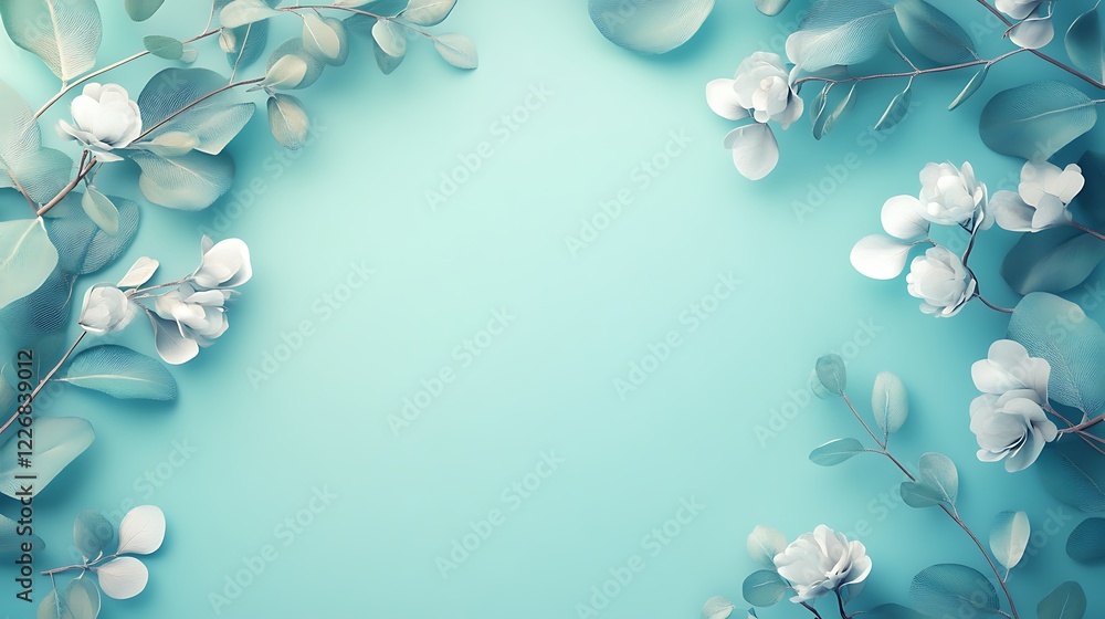 Delicate White Flowers and Eucalyptus Leaves on Aqua Background Delicate White Flowers and Eucalyptus Leaves on Aqua Background