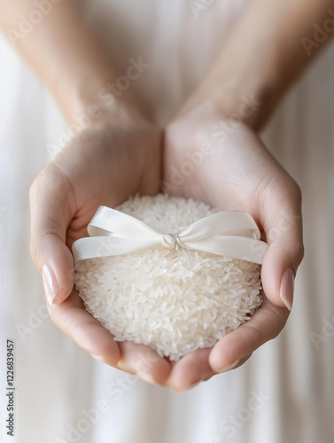 Hands holding heart-shaped rice decoration with ribbon

