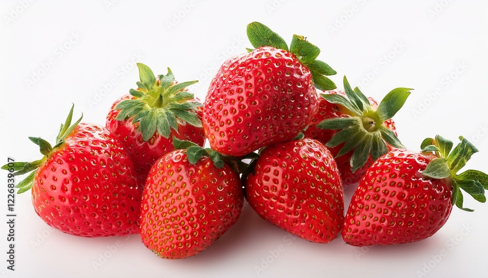 The image shows a cluster of ripe strawberries with green leaves on a white background. The strawberries are fresh and have a glossy appearance. The image shows a cluster of ripe strawberries with green leaves on a white background. The strawberries are fresh and have a glossy appearance.