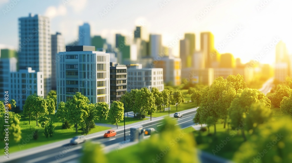 Obraz premium Miniature city scene with green trees, modern buildings and cars on the road in sunny day