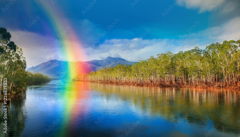 Rainbow eucalyptus mangroves and river with mountain range and mist Rainbow eucalyptus mangroves and river with mountain range and mist