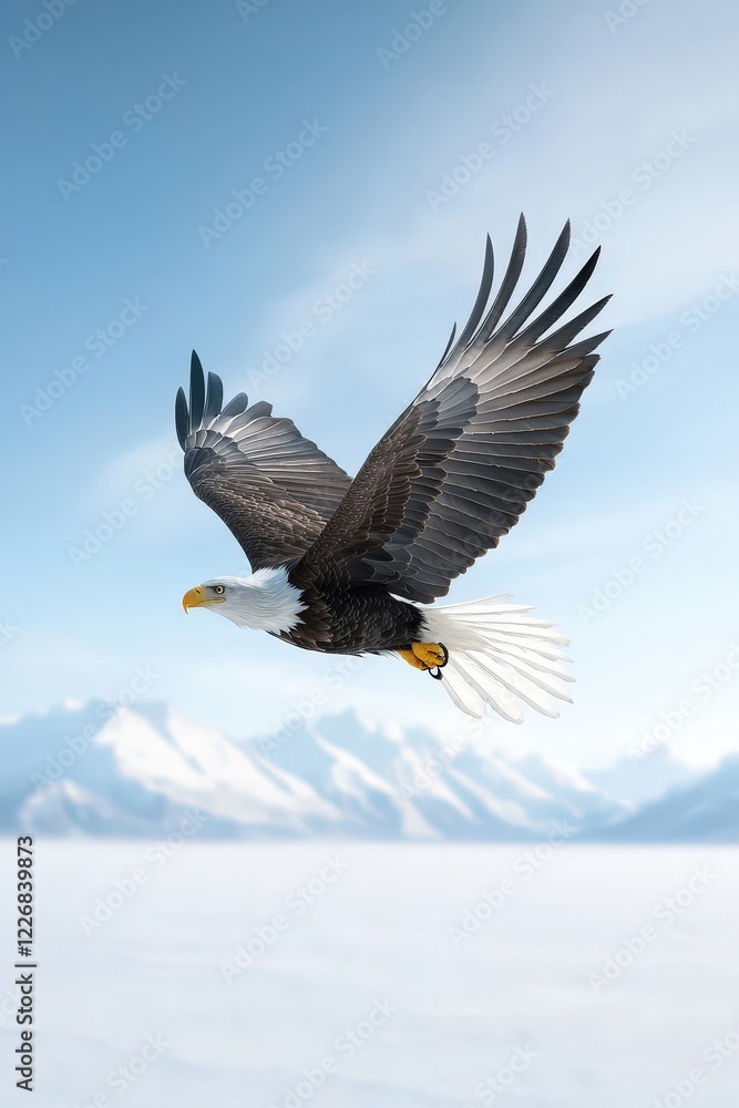 Fototapeta premium Majestic Eagle Soaring Over Snowy Landscape