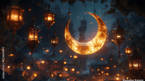 Glowing Crescent Moon Amidst Hanging Lanterns in an Enchanting Night Setting
