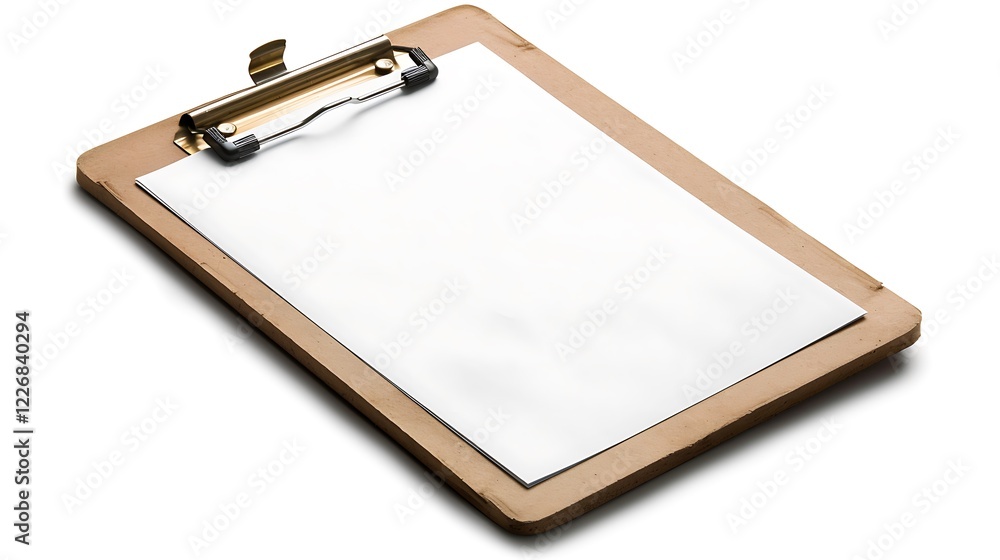 A clipboard with a blank sheet of paper clipped to it placed on a white background. A clipboard with a blank sheet of paper clipped to it placed on a white background.