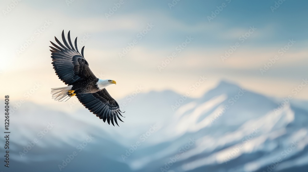 Fototapeta premium Majestic Bald Eagle Soaring Over Serene Mountains
