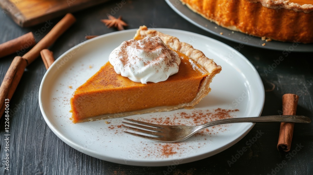 A delectable slice of pumpkin pie with a dollop of whipped cream and a sprinkle of cinnamon, served on a white porcelain plate, Pie slice centered A delectable slice of pumpkin pie with a dollop of whipped cream and a sprinkle of cinnamon, served on a white porcelain plate, Pie slice centered