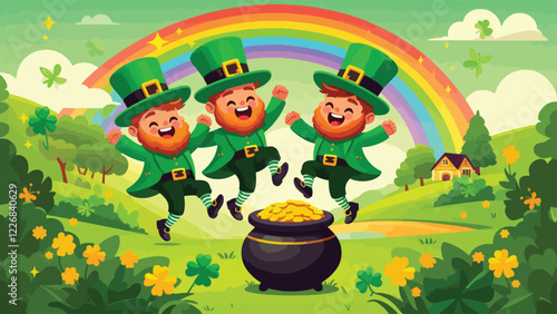Three cheerful leprechauns dressed in traditional green outfits with tall hats, dancing around a pot of gold at the end of a rainbow. Include shamrocks and a vibrant countryside background 