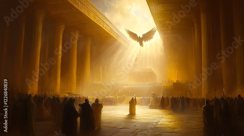 Canvastavla A sacred temple bathed in ethereal light, with demonic shadows being repelled by an unseen force, portraying the victory of holiness over malevolence