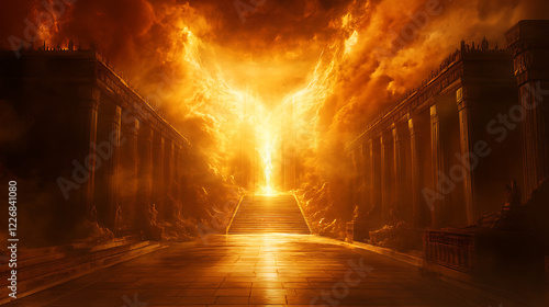 A sacred temple bathed in ethereal light, with demonic shadows being repelled by an unseen force, portraying the victory of holiness over malevolence. 