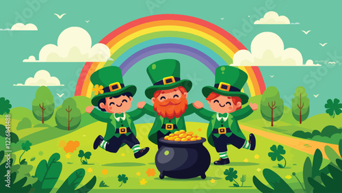 Three cheerful leprechauns dressed in traditional green outfits with tall hats, dancing around a pot of gold at the end of a rainbow. Include shamrocks and a vibrant countryside background 
