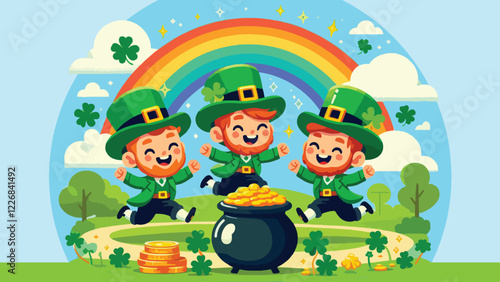 Three cheerful leprechauns dressed in traditional green outfits with tall hats, dancing around a pot of gold at the end of a rainbow. Include shamrocks and a vibrant countryside background 