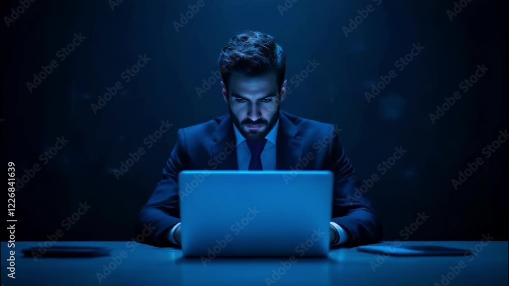 Focused male cybersecurity expert working on a laptop amidst digital security icons. Focused male cybersecurity expert working on a laptop amidst digital security icons.