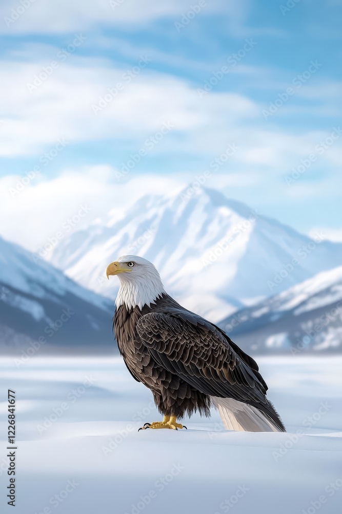 Majestic Bald Eagle in Serene Winter Landscape Majestic Bald Eagle in Serene Winter Landscape