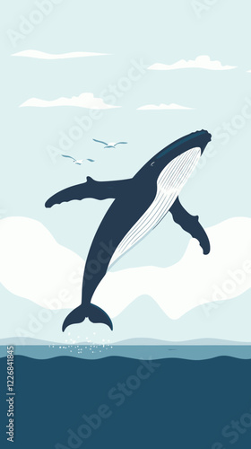 Humpback Whale Leaping Ocean Vector Illustration for Marine Life and Nature Themes