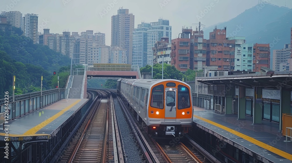 Naklejka premium Metro Train Approaching City Station Amidst Buildings