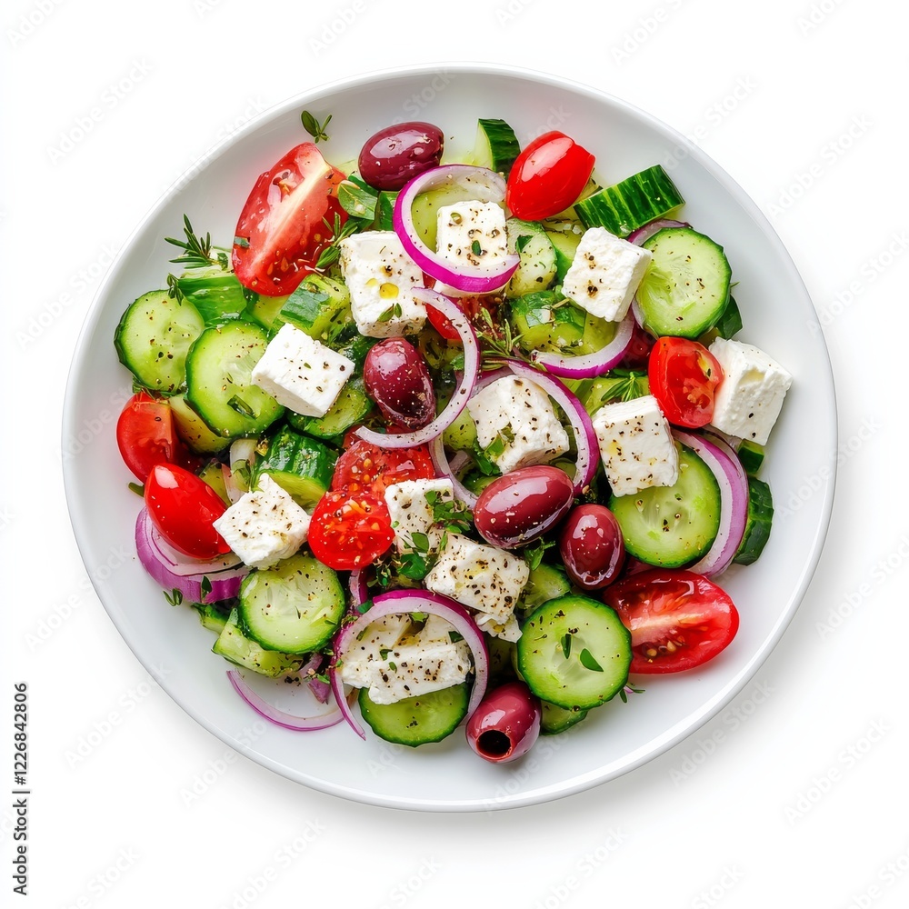 A crisp Greek salad with chopped cucumbers, Kalamata olives, feta cheese