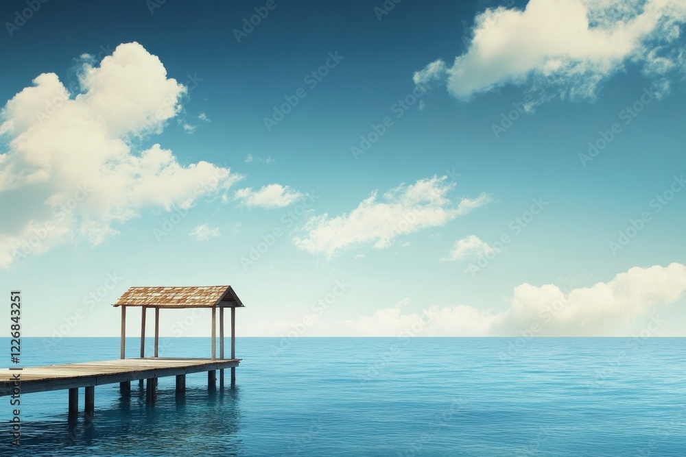 Ocean pier gazebo, calm sea, summer sky, idyllic scene, travel Ocean pier gazebo, calm sea, summer sky, idyllic scene, travel