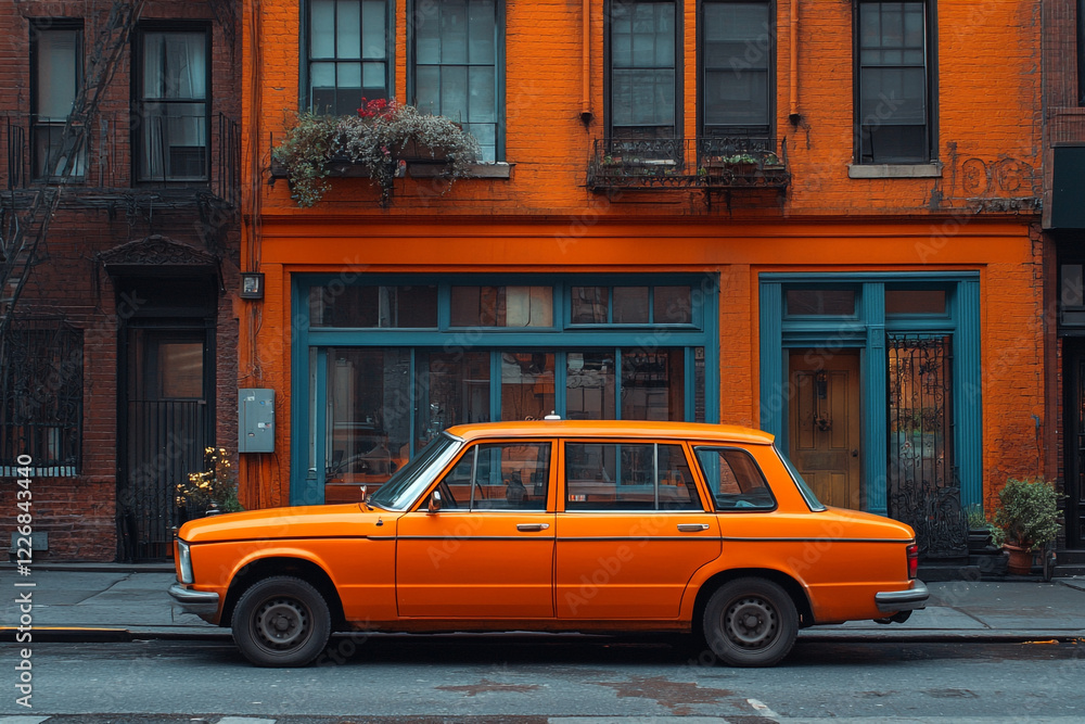 Fototapeta premium Orange Classic Car Parked Beside an Orange Brick Building