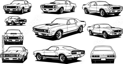 set of American muscle car vector isolated on white