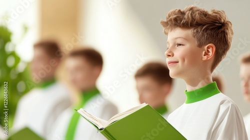 Young choir performer with music book in bright rehearsal room photo