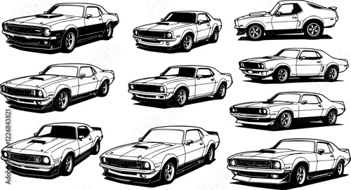 set of American muscle car vector isolated on white