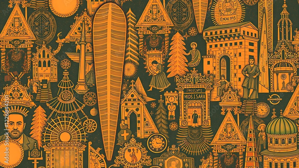 Obraz premium A vibrant tapestry of architectural illustrations showcases diverse building styles, historical figures, and symbolic elements in a rich orange and dark green palette.