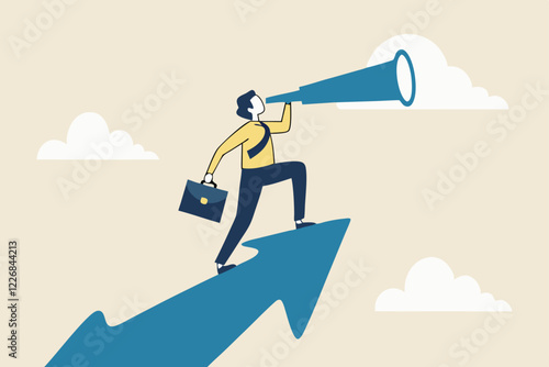 Business opportunity or investment and market prediction, future growth or career development vision, profit and earning forecast concept, businessman climb up rising arrow with big telescope spyglass