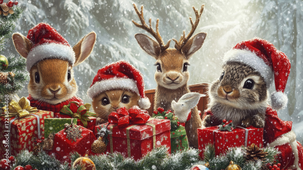 Christmas animals and holiday decorations cartoon icons. Vector animals in Santa hats with Xmas gits, toys and ornaments, reindeer with sleigh in confetti, angel ornament and bunny in winter scarf Christmas animals and holiday decorations cartoon icons. Vector animals in Santa hats with Xmas gits, toys and ornaments, reindeer with sleigh in confetti, angel ornament and bunny in winter scarf