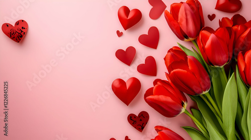 A romantic Valentines arrangement with red tulips in the foreground and scattered paper hearts on a smooth pink background