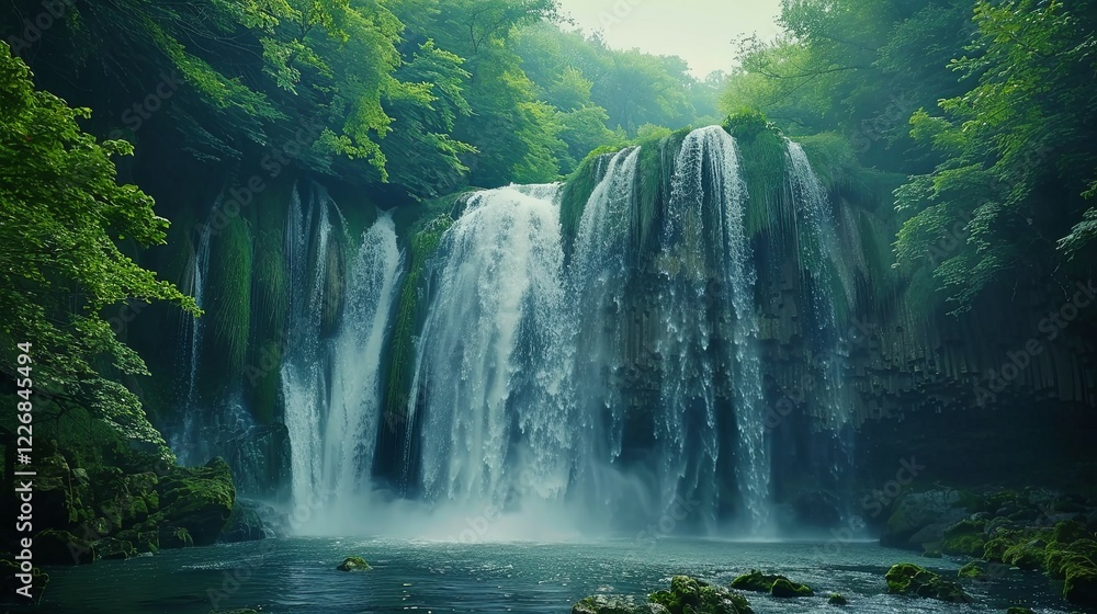 Majestic Waterfall Cascading Through Lush Green Forest Majestic Waterfall Cascading Through Lush Green Forest