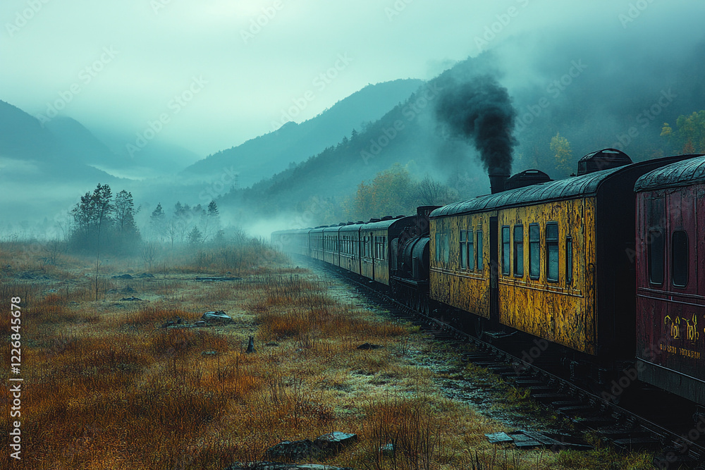 Fototapeta premium Vintage Steam Train Journey Through Misty Mountains
