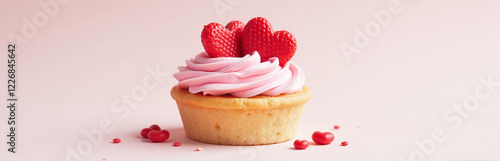 A Cupcake Or Tartlet With Pink Meringue Cream Is Decorated With Two Big Red Hearts And Small Heart Shape Candies. 00001