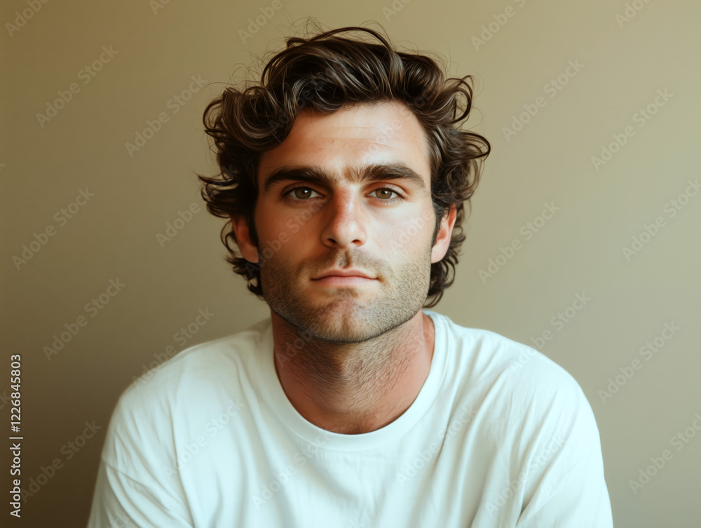 Portrait of a young man with curly hair and intense gaze against a neutral background Portrait of a young man with curly hair and intense gaze against a neutral background