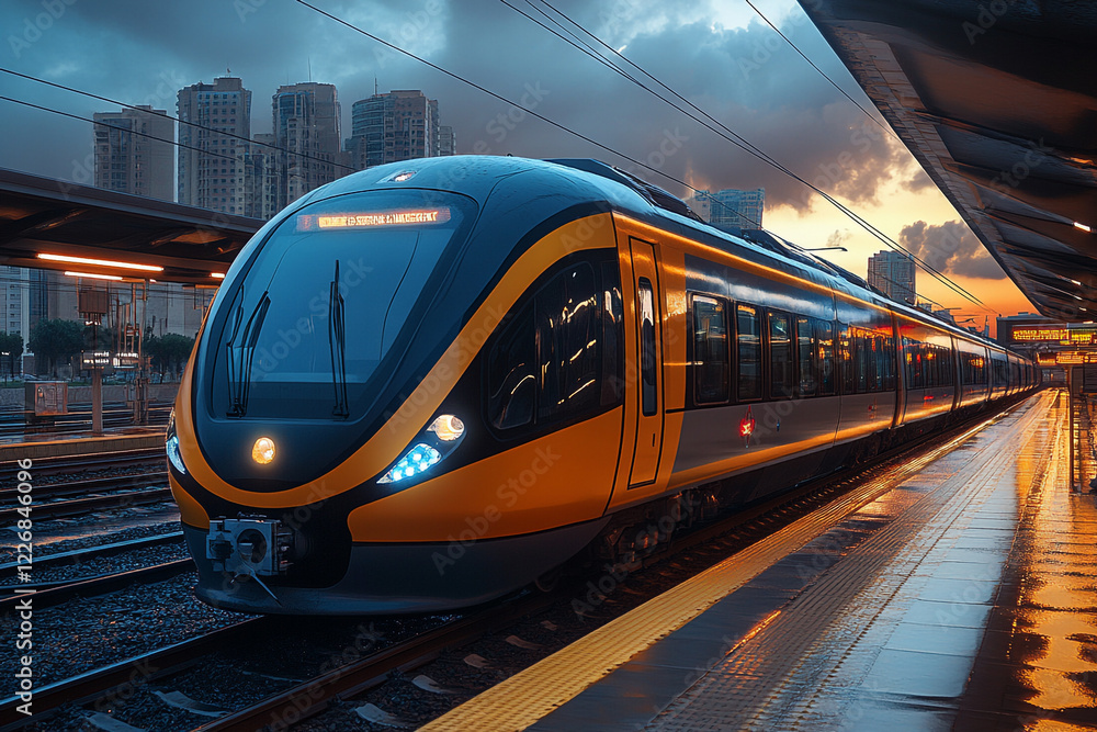 Naklejka premium Modern Train Arriving at City Station During Sunset