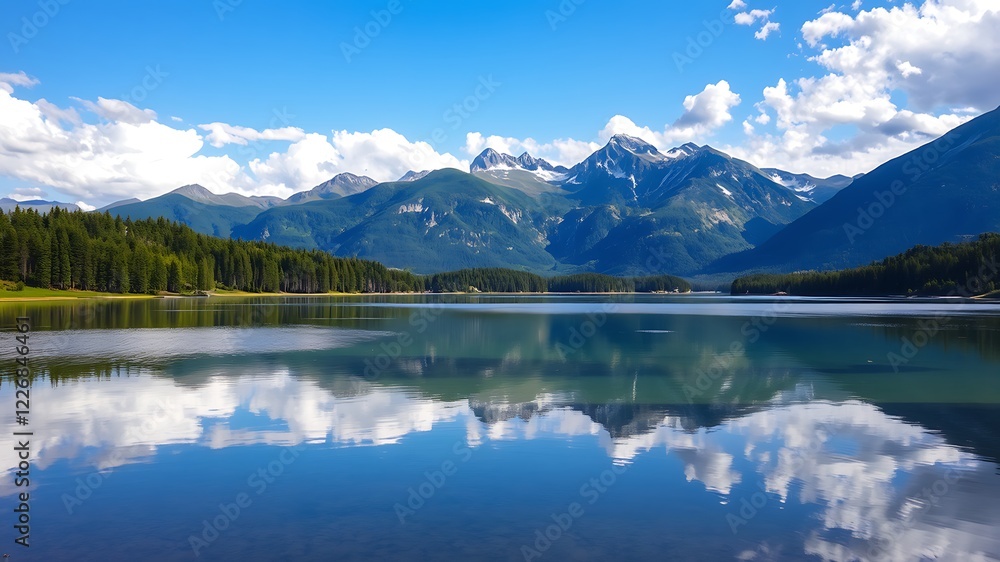 Fototapeta premium Serene mountain lake reflecting a stunning sky and snow-capped peaks under a bright summer sun.