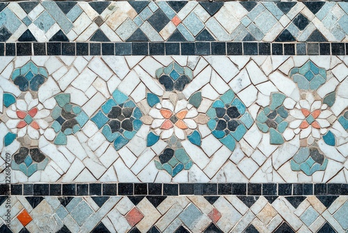 Mosaic floral pattern floor tile, ancient building, background texture, design photo