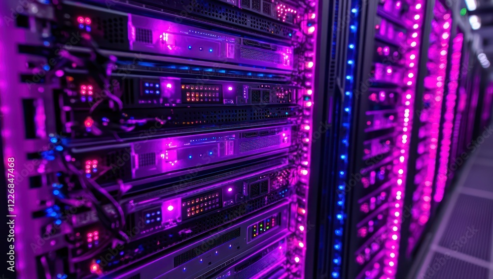 Naklejka premium Advanced data center with glowing racks, showcasing futuristic cloud systems and secure data management at full capacity.